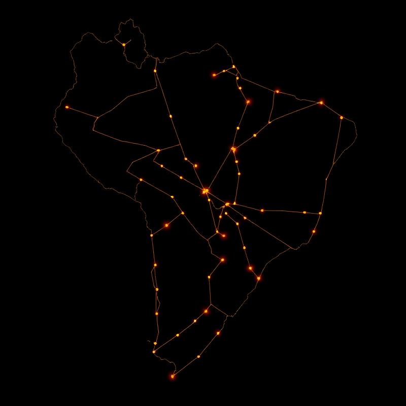 Mapa do Brasil com a malha de rotas da Gregon Transportes